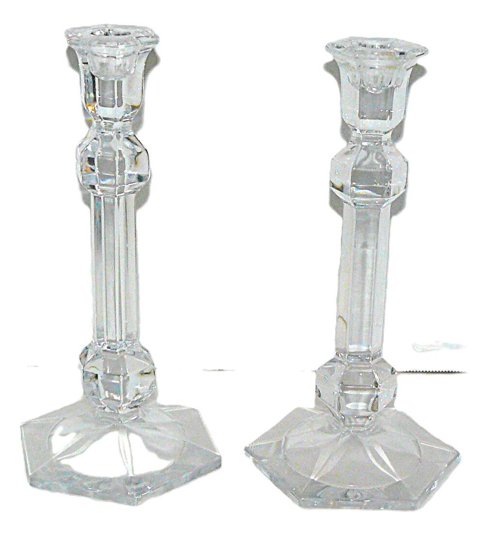 Vtg Pair Clear Glass Hexagonal Base Taper Candlestick Holders Paneled Elegant